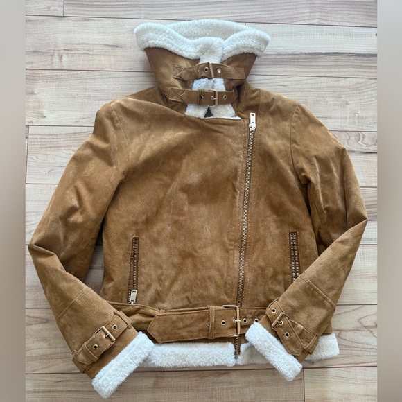 ZARA WOMAN US S Brown Suede Leather Faux Shearling Aviator Jacket - Picture 2 of 2
